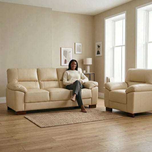 Dalmore Genuine Leather Cream 3+1 Seater Sofa Set - Furniture Instore