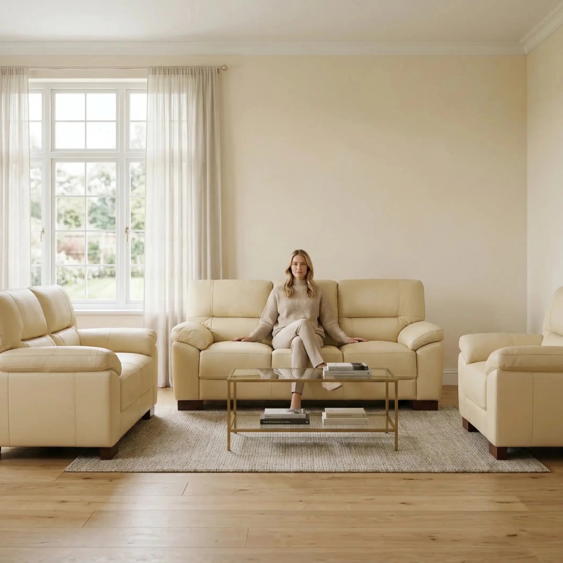 Dalmore Genuine Leather Cream 3+2+1 Seater Sofa Set - Furniture Instore