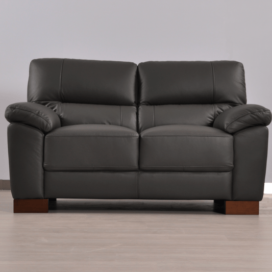 Front-facing view of the Dalmore Genuine Leather Grey 2-Seater Sofa in a styled room setting.