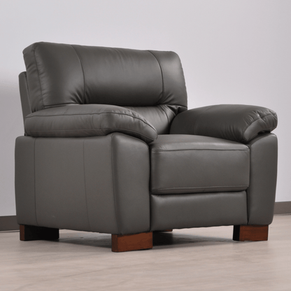 Dalmore Grey Armchair – Angled view in a cozy room setting, featuring plush grey fabric and sleek contemporary style.