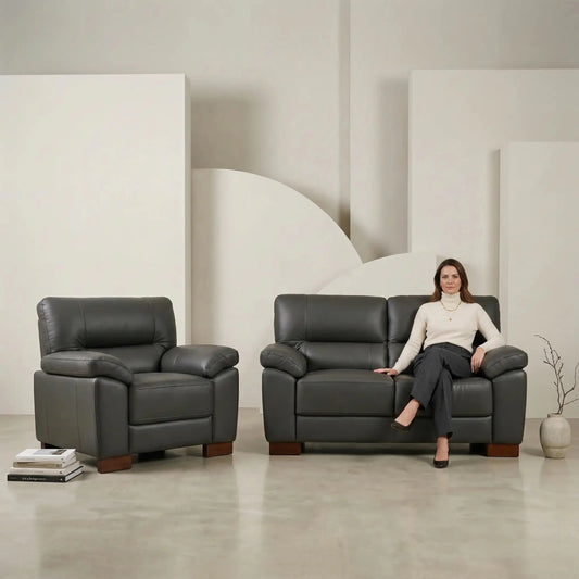 Dalmore Genuine Leather Grey 2+1 Seater Sofa Set - Furniture Instore