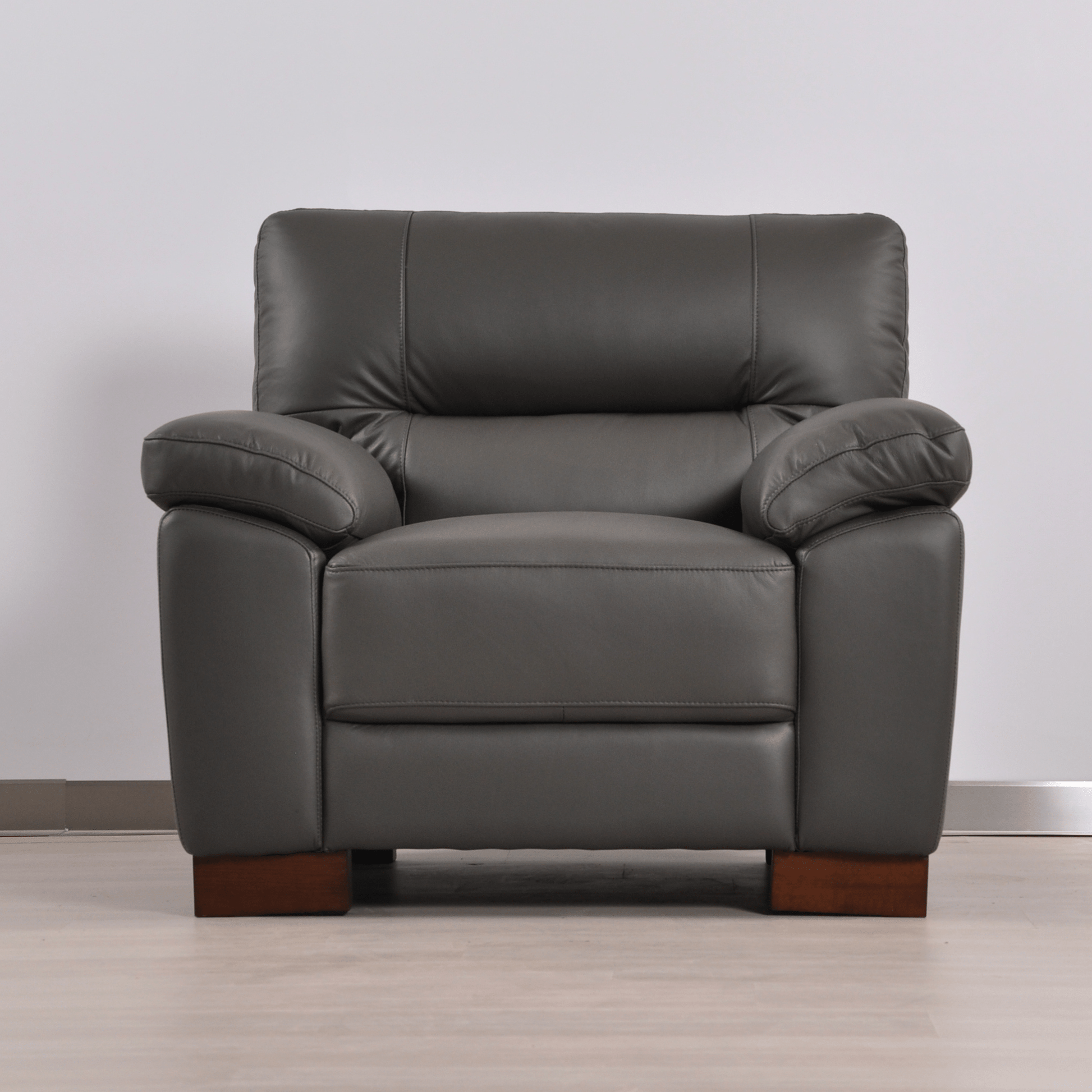 Dalmore Grey Armchair – Front-facing view in a styled room setting, showcasing plush grey fabric and sleek modern design.