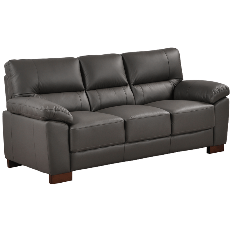 Angled view of the Dalmore Genuine Leather Grey 3-Seater Sofa on a white background.