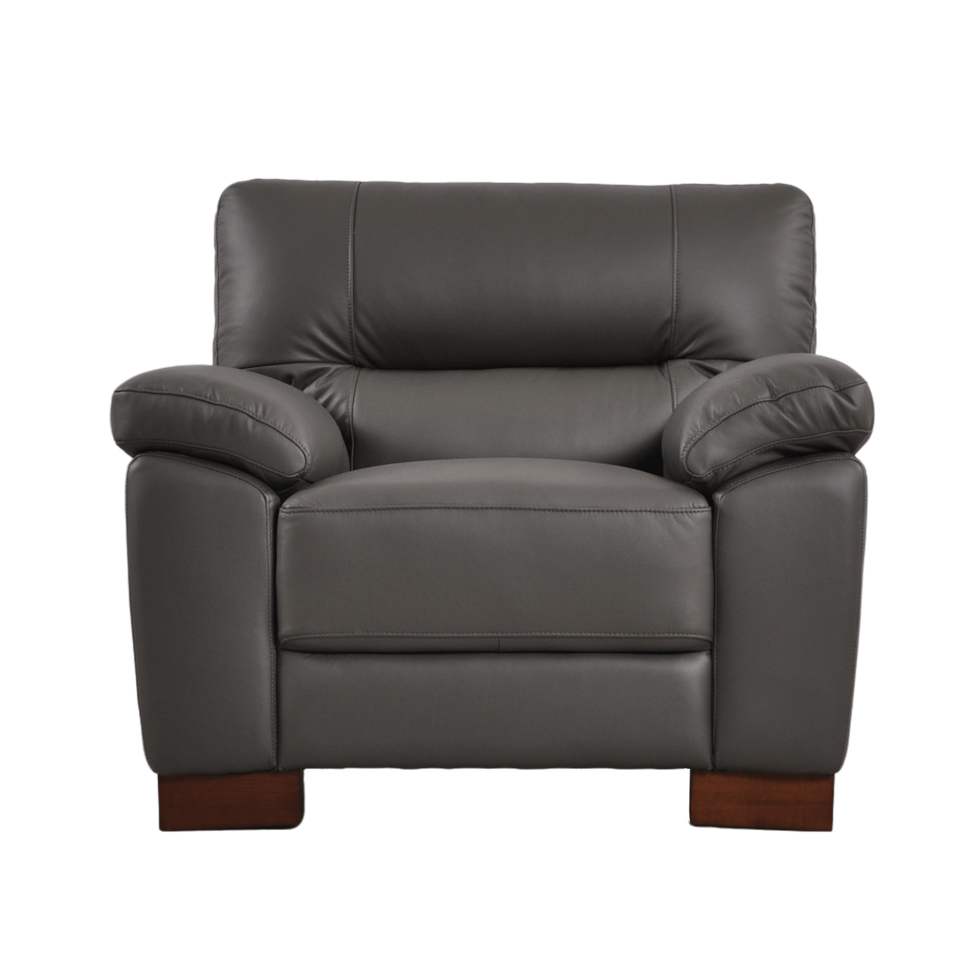 Dalmore Grey Armchair – Front-facing view on white background, featuring soft grey upholstery and sleek modern design.