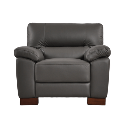 Dalmore Grey Armchair – Front-facing view on white background, featuring soft grey upholstery and sleek modern design.