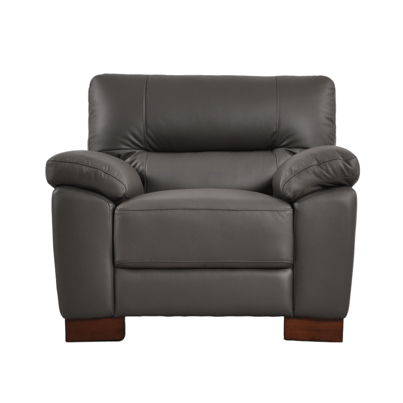 Dalmore Grey Armchair – Front-facing view on white background, showcasing modern design and soft grey upholstery.