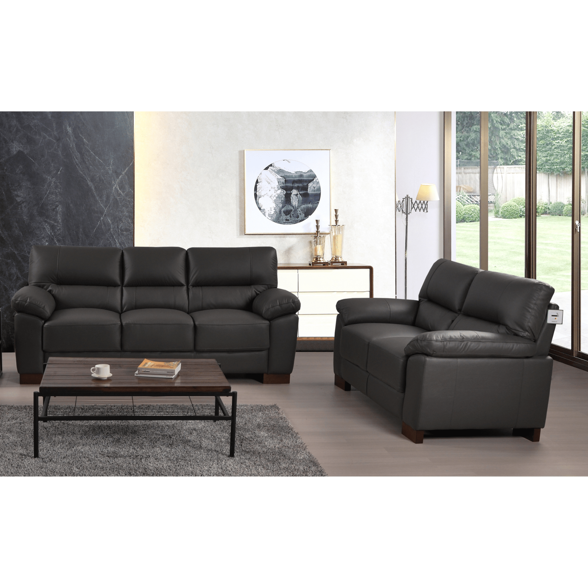 Dalmore Grey 3+2 Seater Sofa Combo – Stylish grey fabric set with 3-seater and 2-seater sofas in a cozy room setting.