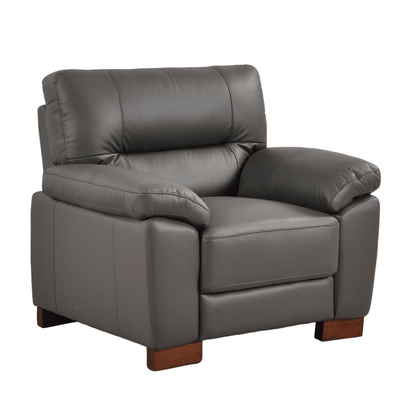 Dalmore Grey Armchair – Angled front view on white background, highlighting sleek design and cozy grey upholstery.