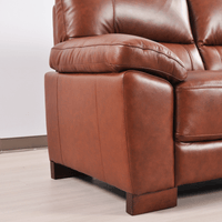Tan 2-seater sofa close-up view on white background with modern sleek design