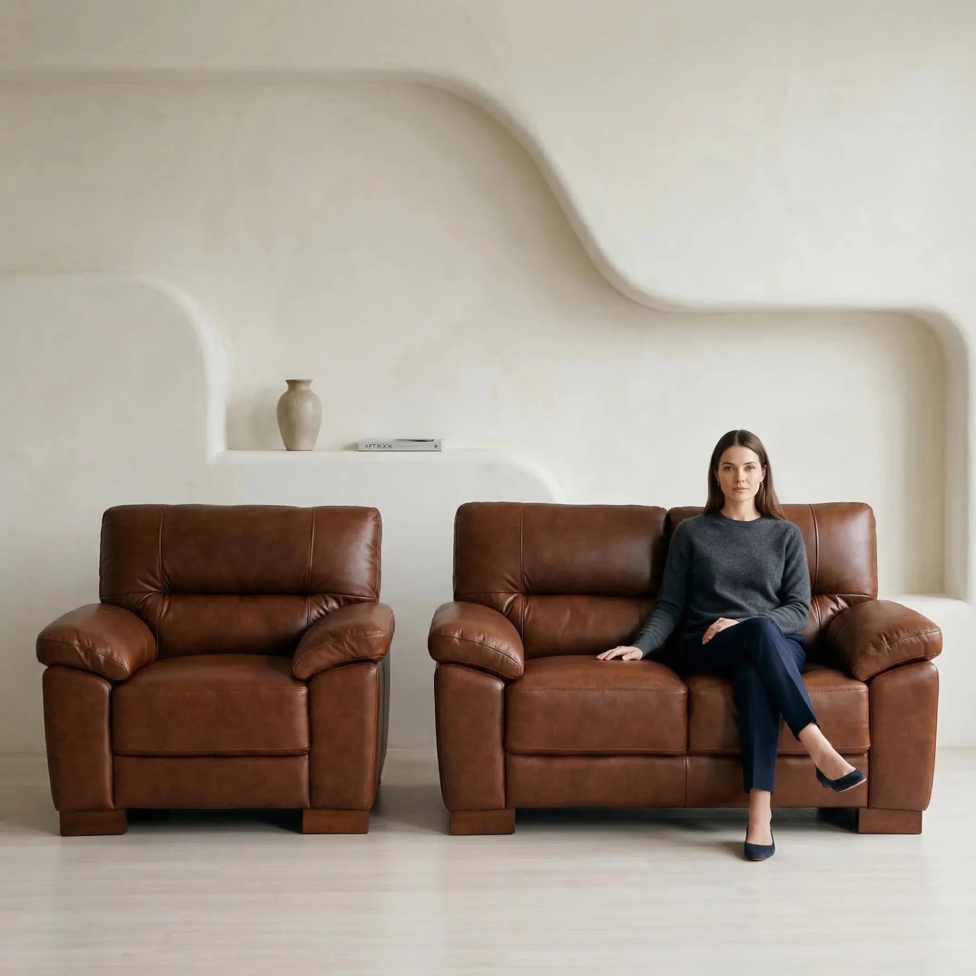 Dalmore Genuine Leather Tan 2+1 Seater Sofa Set - Furniture Instore