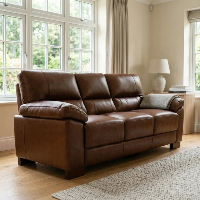 Dalmore Genuine Leather Tan 3 Seater Sofa - Furniture Instore