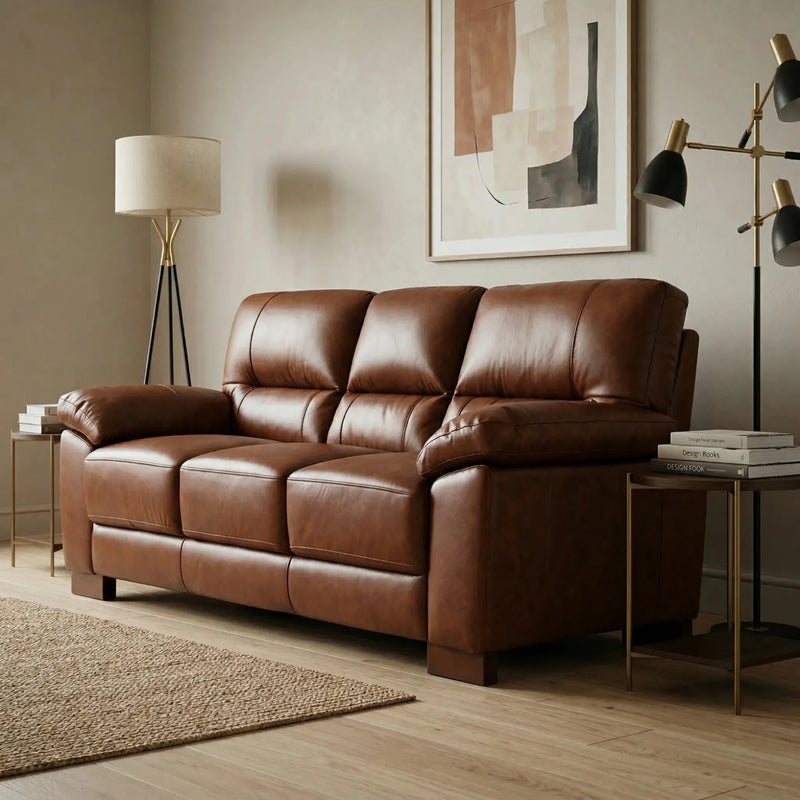 Dalmore Genuine Leather Tan 3 Seater Sofa - Furniture Instore