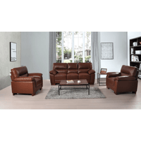 Dalmore Tan 3+1+1 Sofa Combo – Stylish tan fabric set with 3-seater sofa and two armchairs in a cozy room setting.