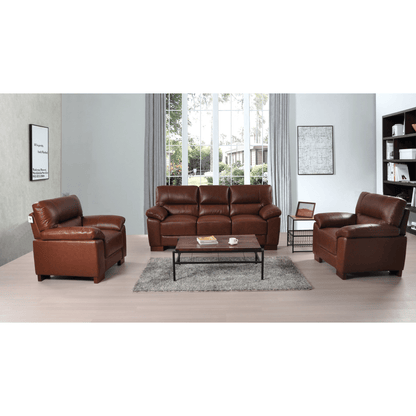 Dalmore Tan 3+1+1 Sofa Combo – Stylish tan fabric set with 3-seater sofa and two armchairs in a cozy room setting.