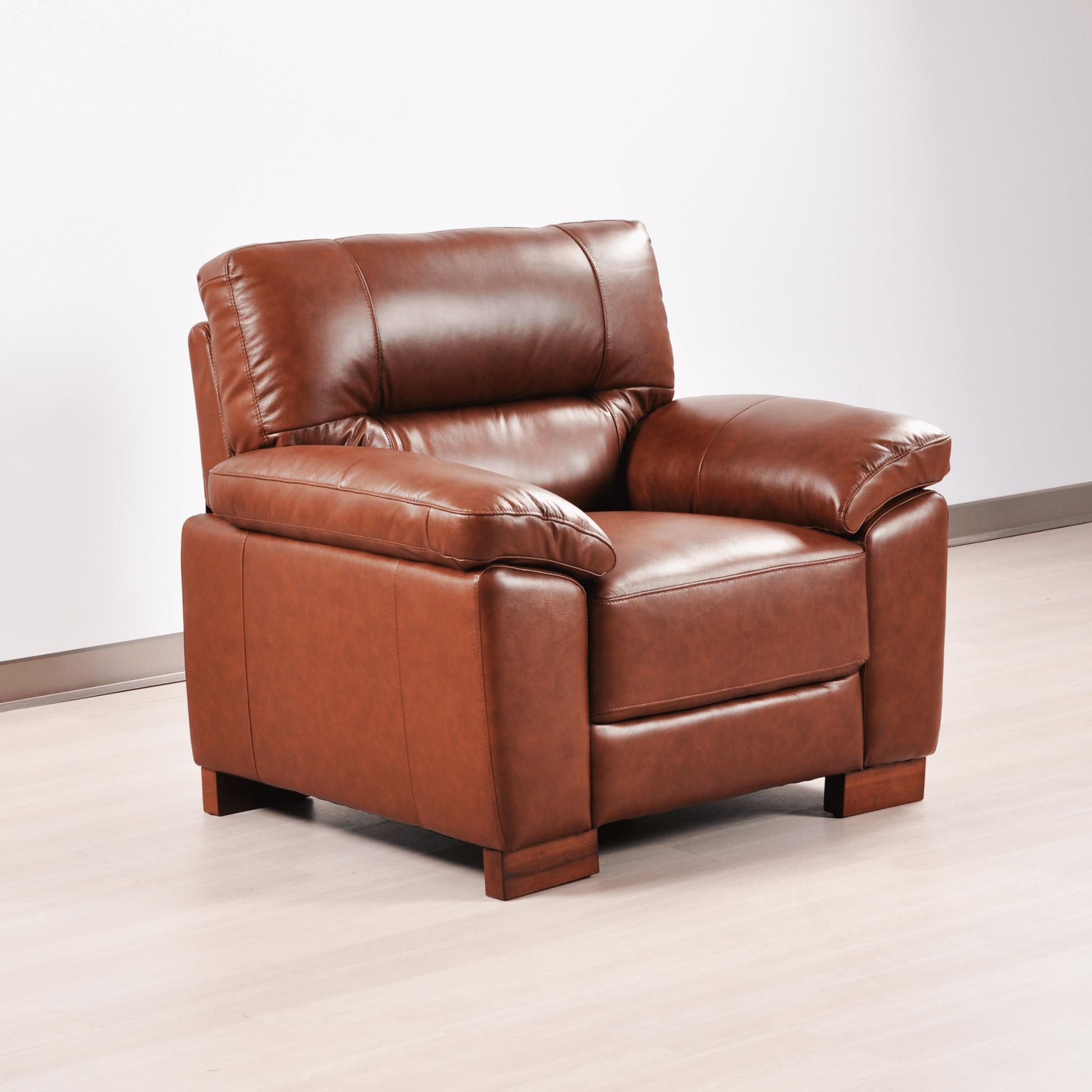 Dalmore Tan Armchair – Angled view in a stylish room setting, showcasing soft tan upholstery and contemporary design.