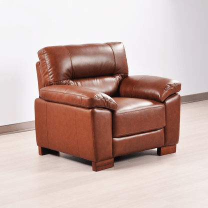 Dalmore Tan Armchair – Angled view in a stylish room setting, showcasing soft tan upholstery and contemporary design.