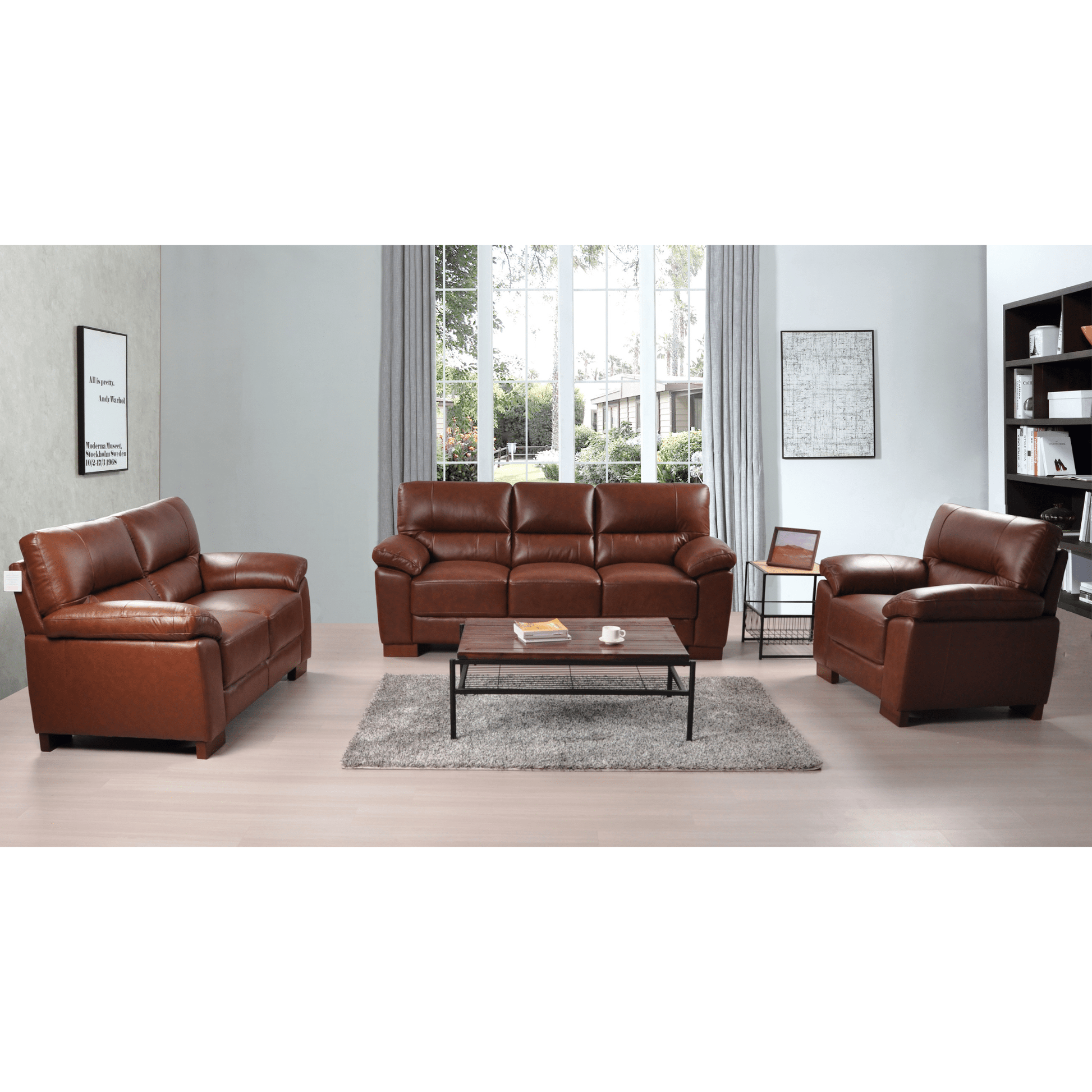 Dalmore Tan 3+2+1 Sofa Combo – Stylish tan fabric set with 3-seater, 2-seater, and armchair in a cozy room setting.