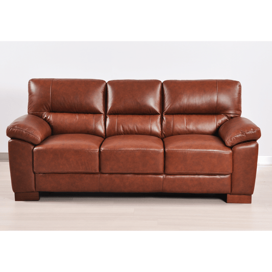 Dalmore Tan 3 Seater Sofa – Front-facing view in a styled room setting, showcasing warm tan fabric and modern design.