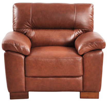 Tan armchair front facing on white background with modern sleek design