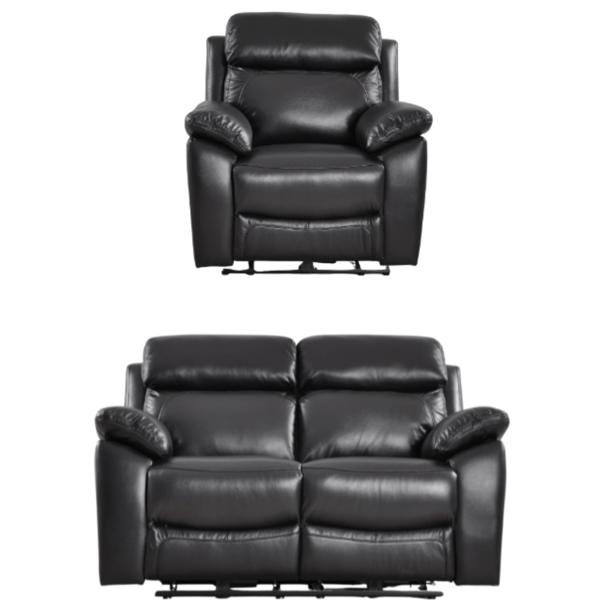Black leather recliner chair and loveseat set on a white background