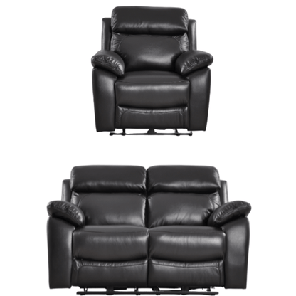 Black leather recliner chair and loveseat set on a white background