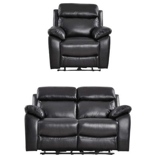 Black leather recliner chair and loveseat set on a white background
