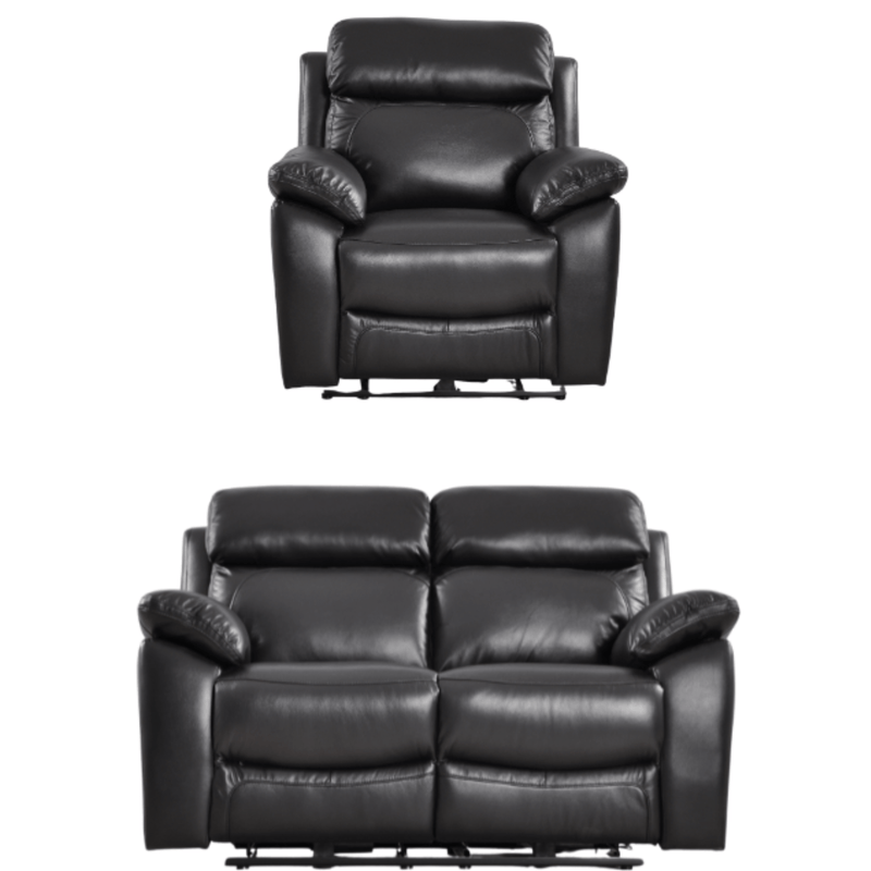 Black leather recliner chair and loveseat set on a white background