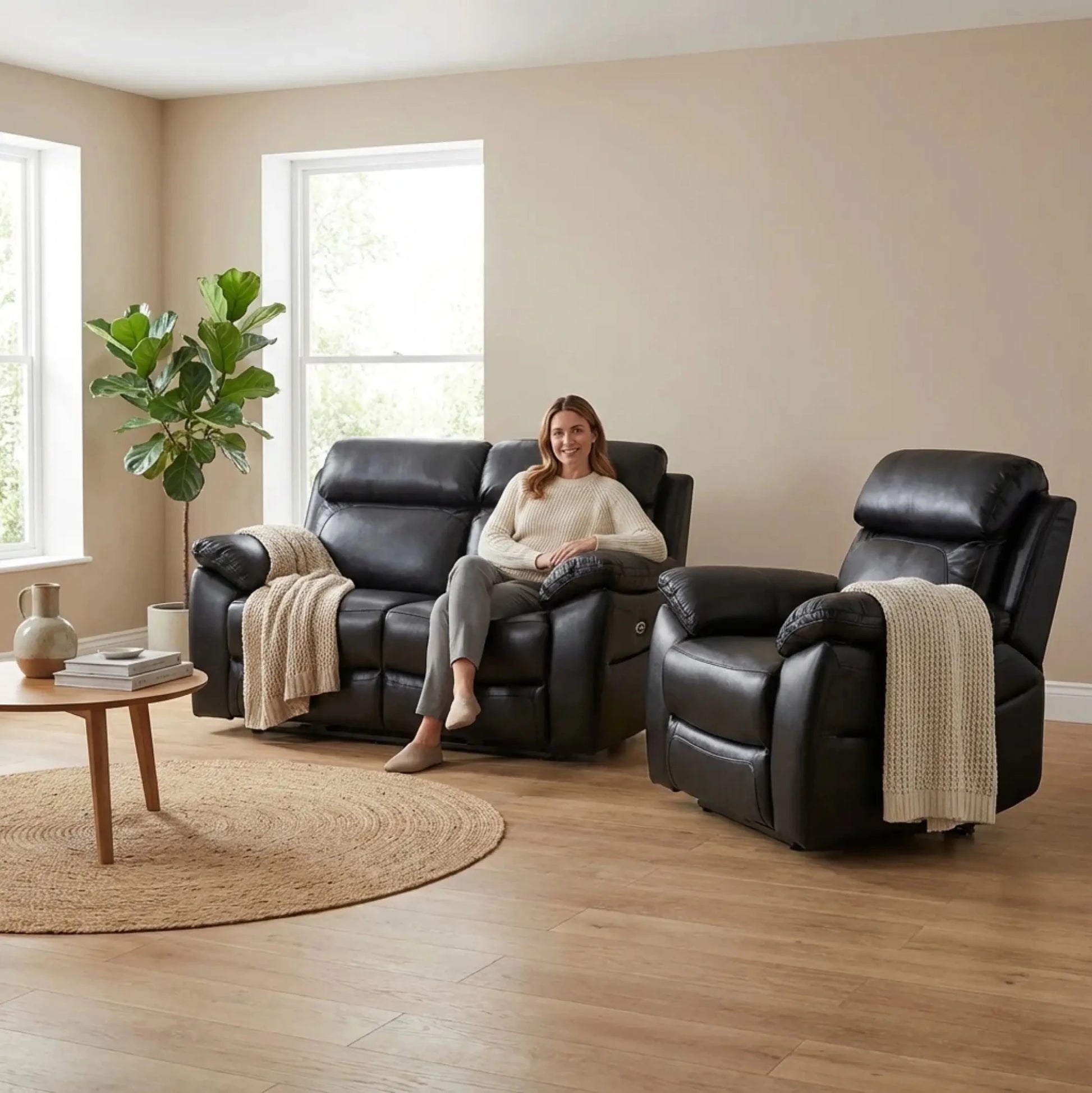 Dandrea Genuine Leather Black Electric Power Recliner 2+1 Seater Sofa Set - Furniture Instore