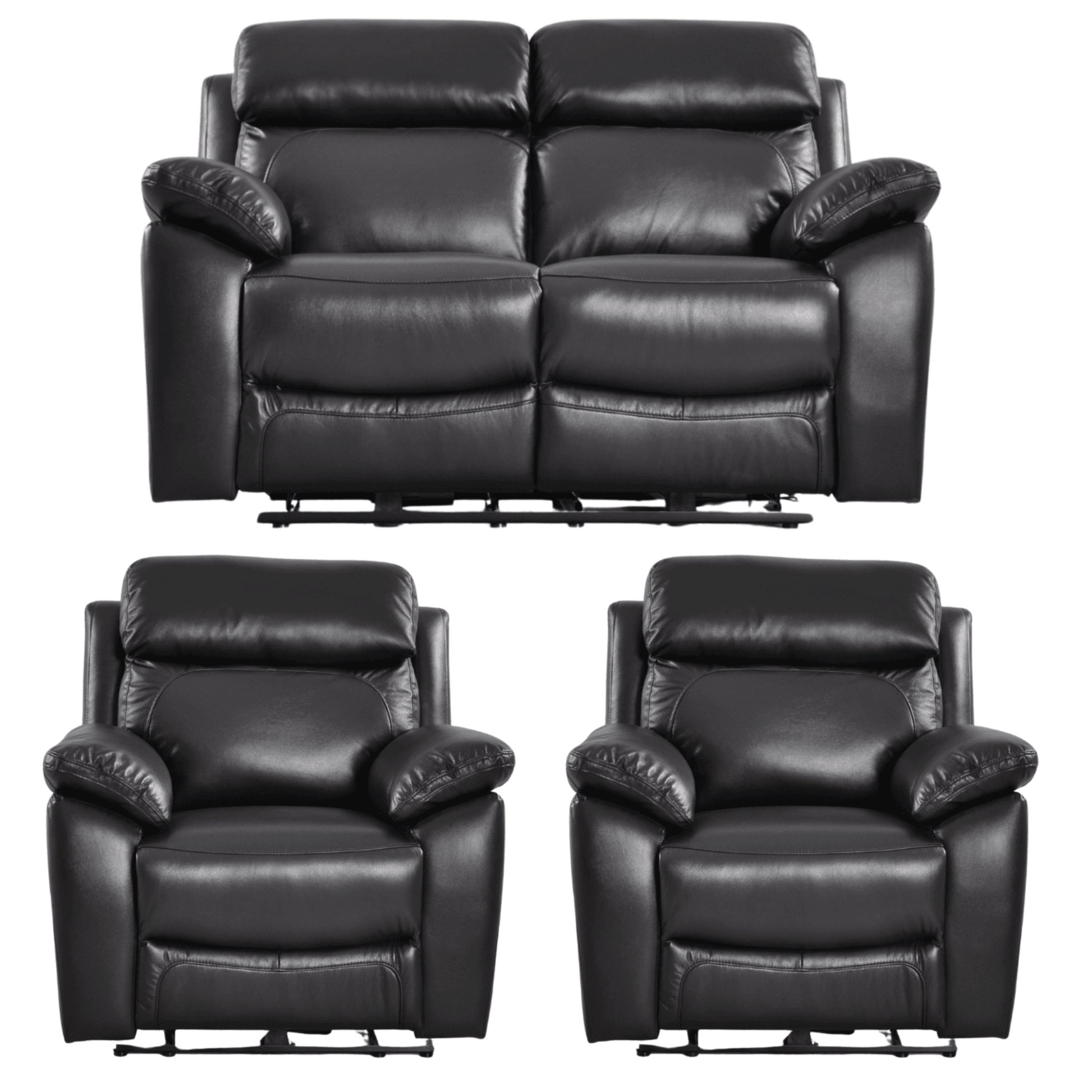 Black leather recliner sofa set on a white background