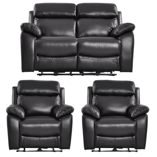 Black leather recliner sofa set on a white background