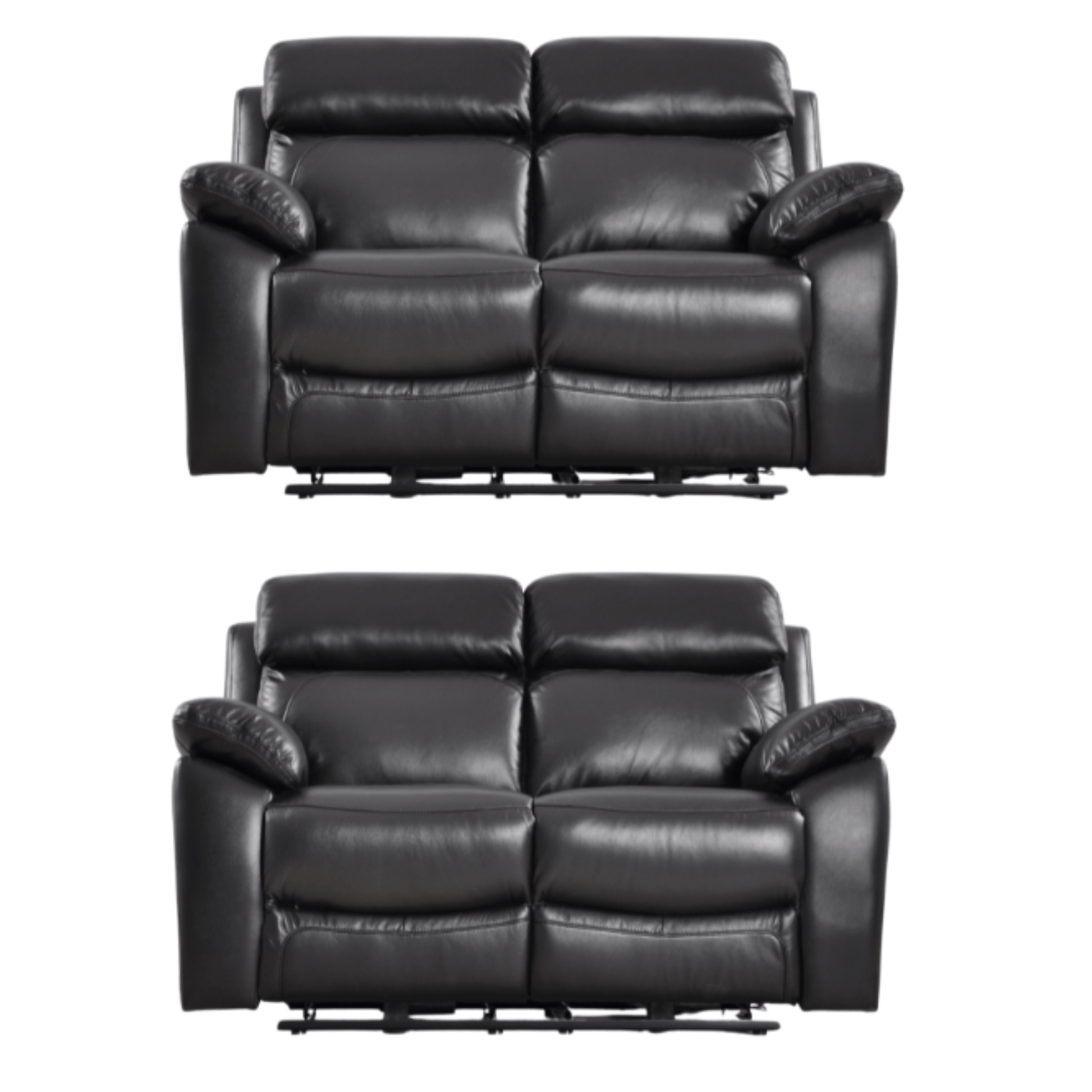 Two black leather recliner sofas on a white background