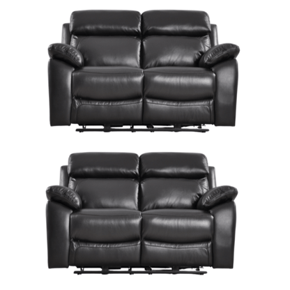 Two black leather recliner sofas on a white background