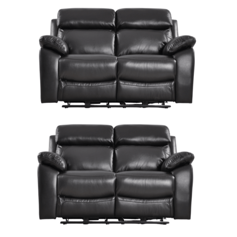 Two black leather recliner sofas on a white background