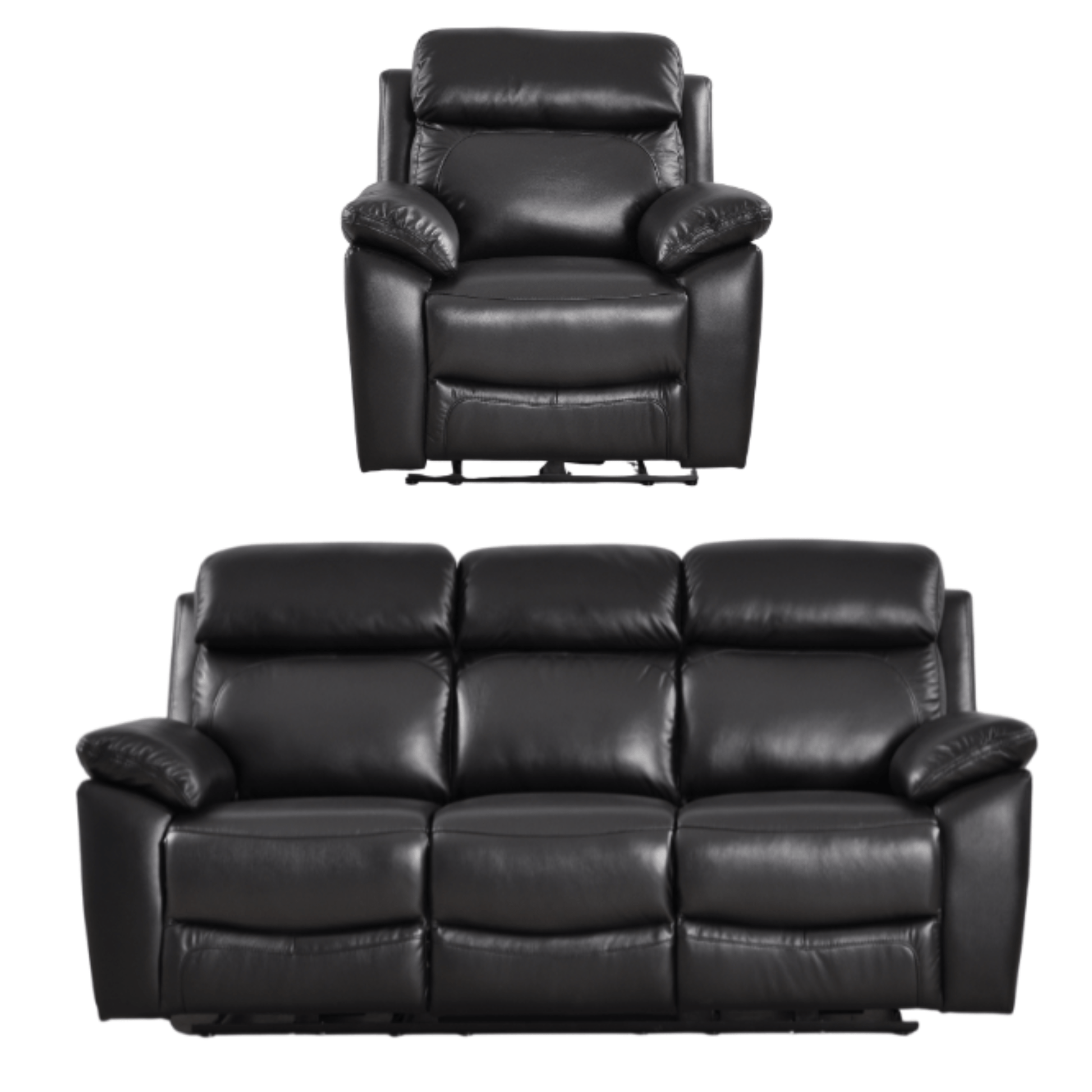 Black leather recliner chair and sofa set on a white background