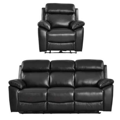 Black leather recliner chair and sofa set on a white background