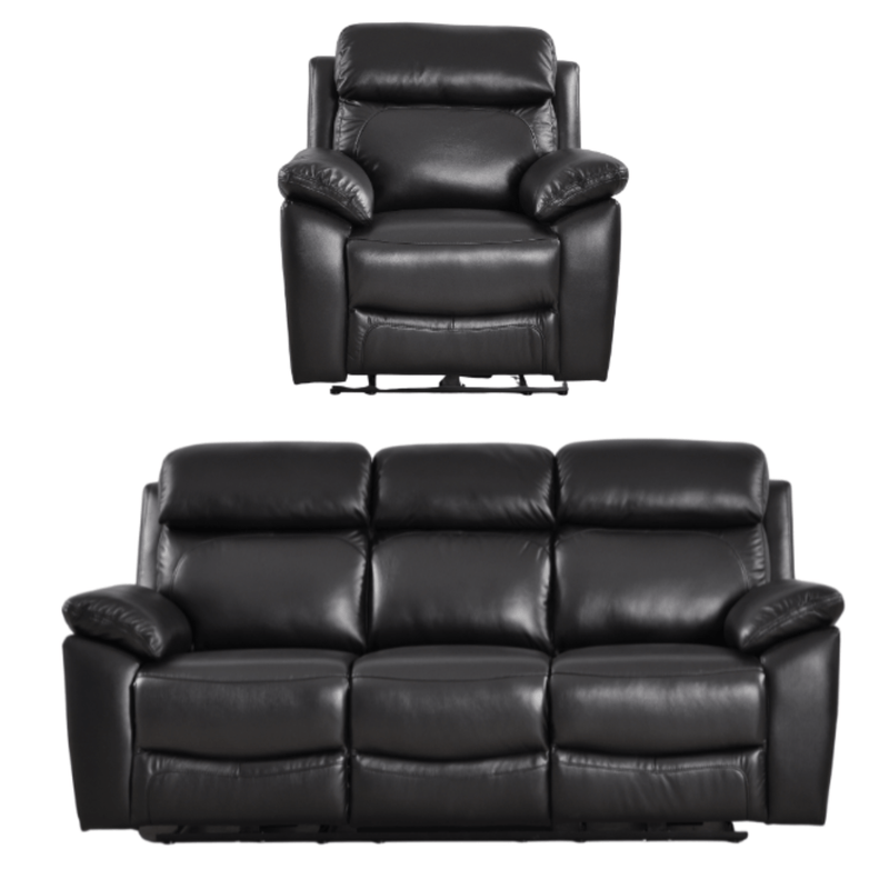 Black leather recliner chair and sofa set on a white background