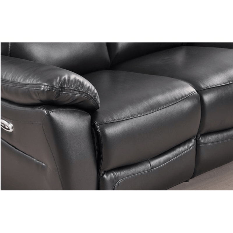 Close-up of a black leather recliner sofa with visible stitching details.