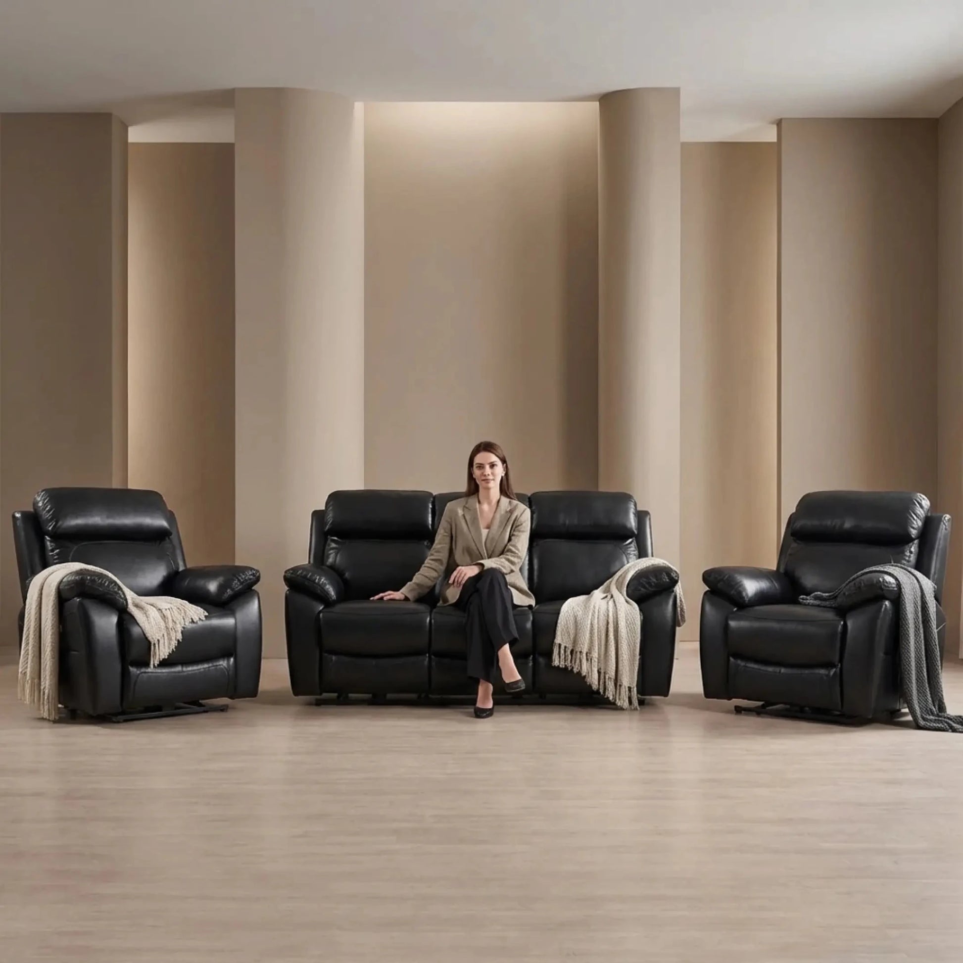 Dandrea Genuine Leather Black Electric Power Recliner 3+1+1 Seater Sofa Set - Furniture Instore