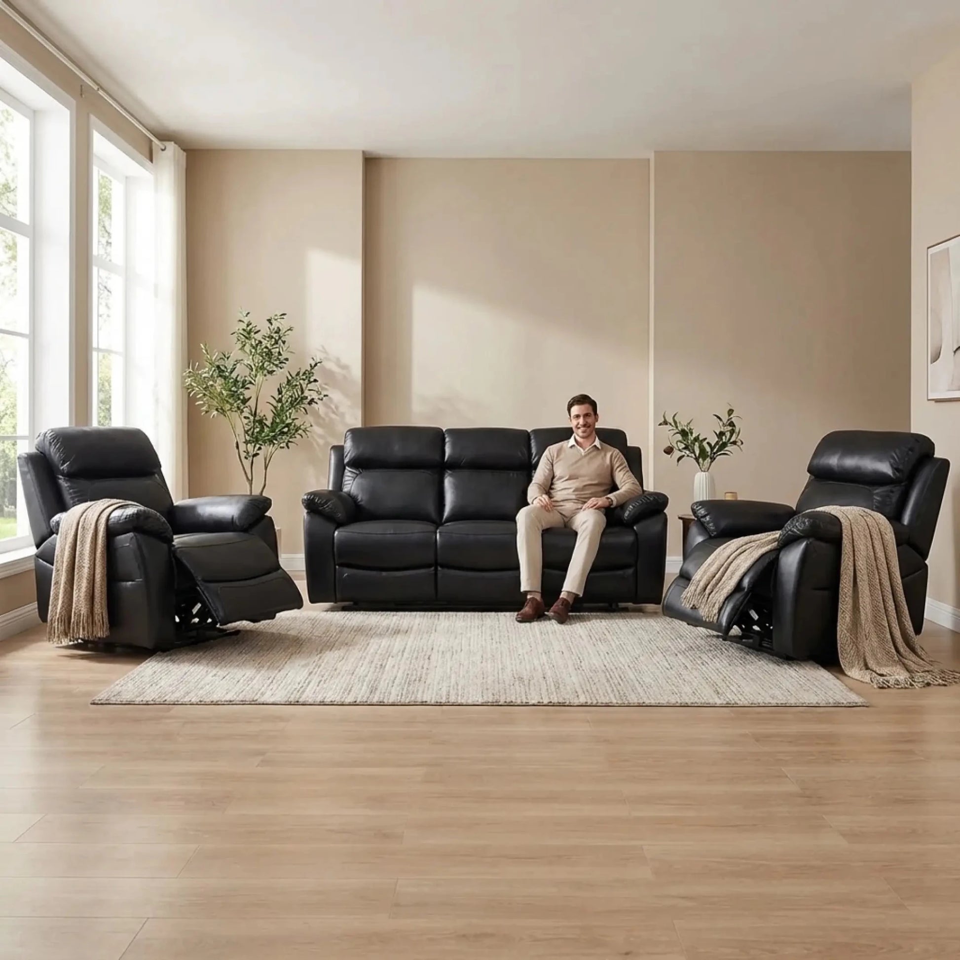 Dandrea Genuine Leather Black Electric Power Recliner 3+1+1 Seater Sofa Set - Furniture Instore