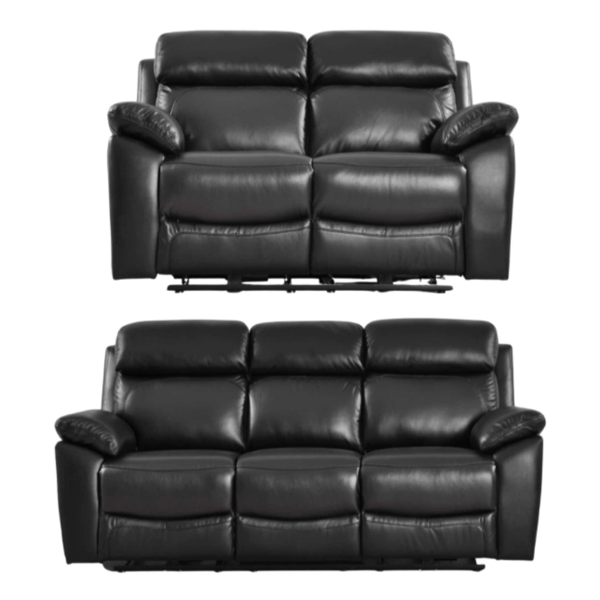 Two black leather recliner sofas on a white background