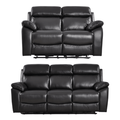 Two black leather recliner sofas on a white background