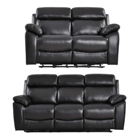 Two black leather recliner sofas on a white background