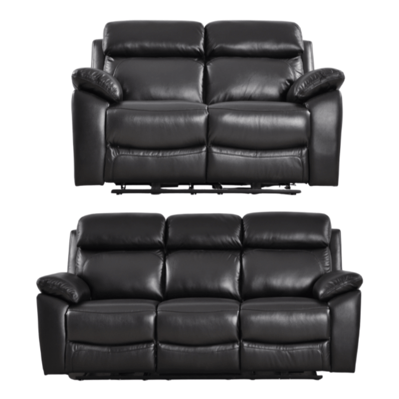 Two black leather recliner sofas on a white background