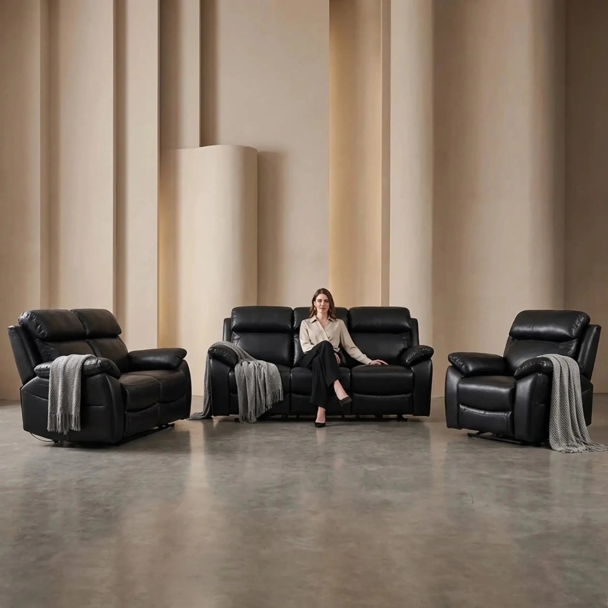 Dandrea Genuine Leather Black Electric Power Recliner 3+2+1 Seater Sofa Set - Furniture Instore