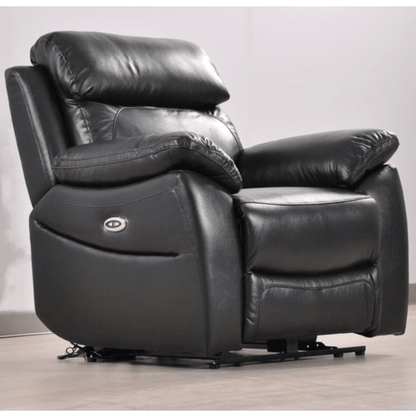 Black leather recliner chair on a wooden floor with a light gray wall background