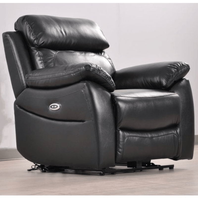 Black leather recliner chair on a wooden floor with a light gray wall background