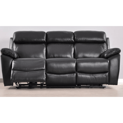 Black leather reclining sofa on a light wooden floor with a white wall background