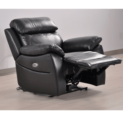 Black leather recliner chair on a wooden floor with a neutral background