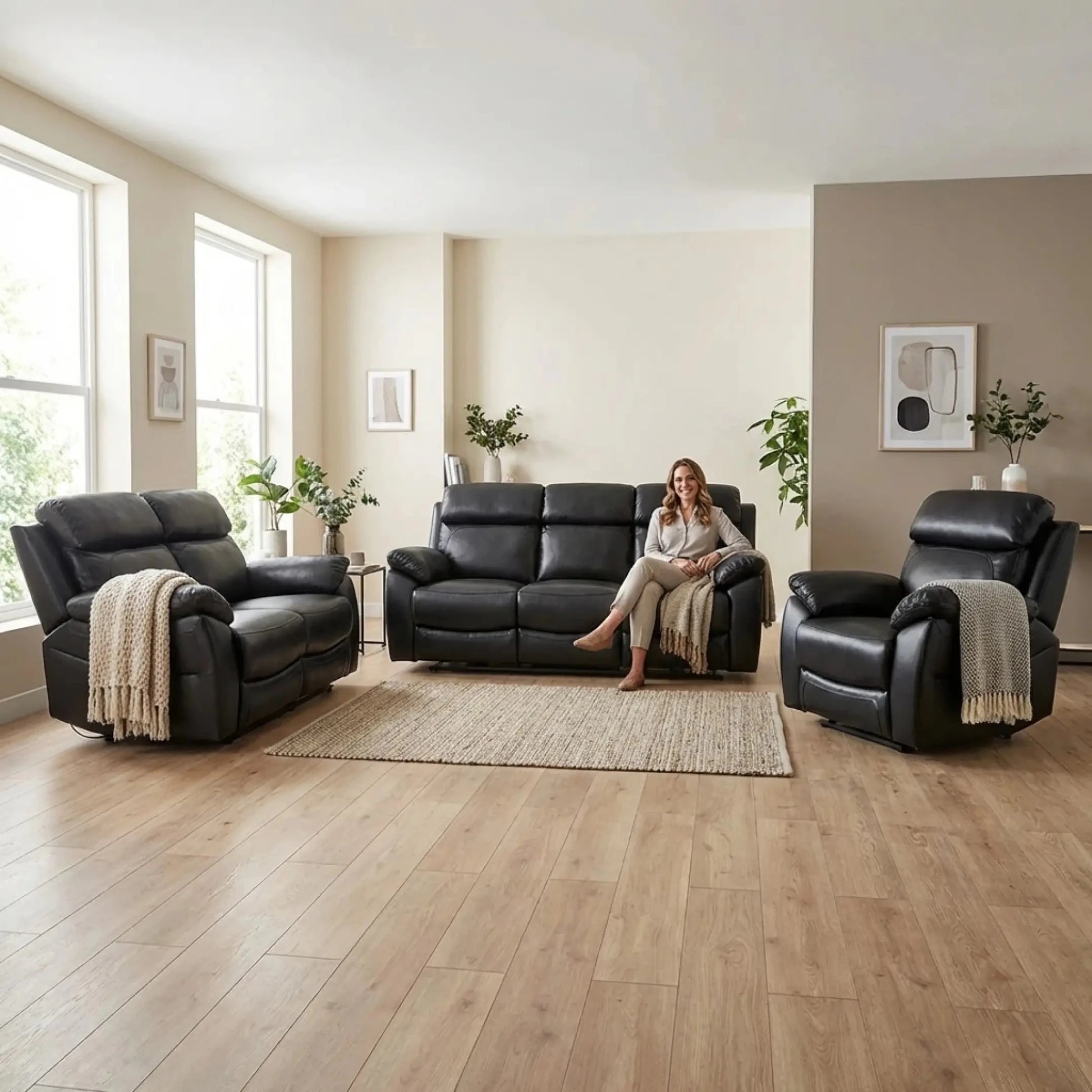 Dandrea Genuine Leather Black Electric Power Recliner 3+2+1 Seater Sofa Set - Furniture Instore