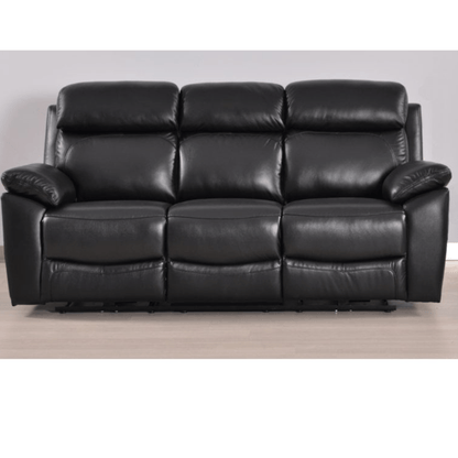 Black leather sofa on a wooden floor with a plain background